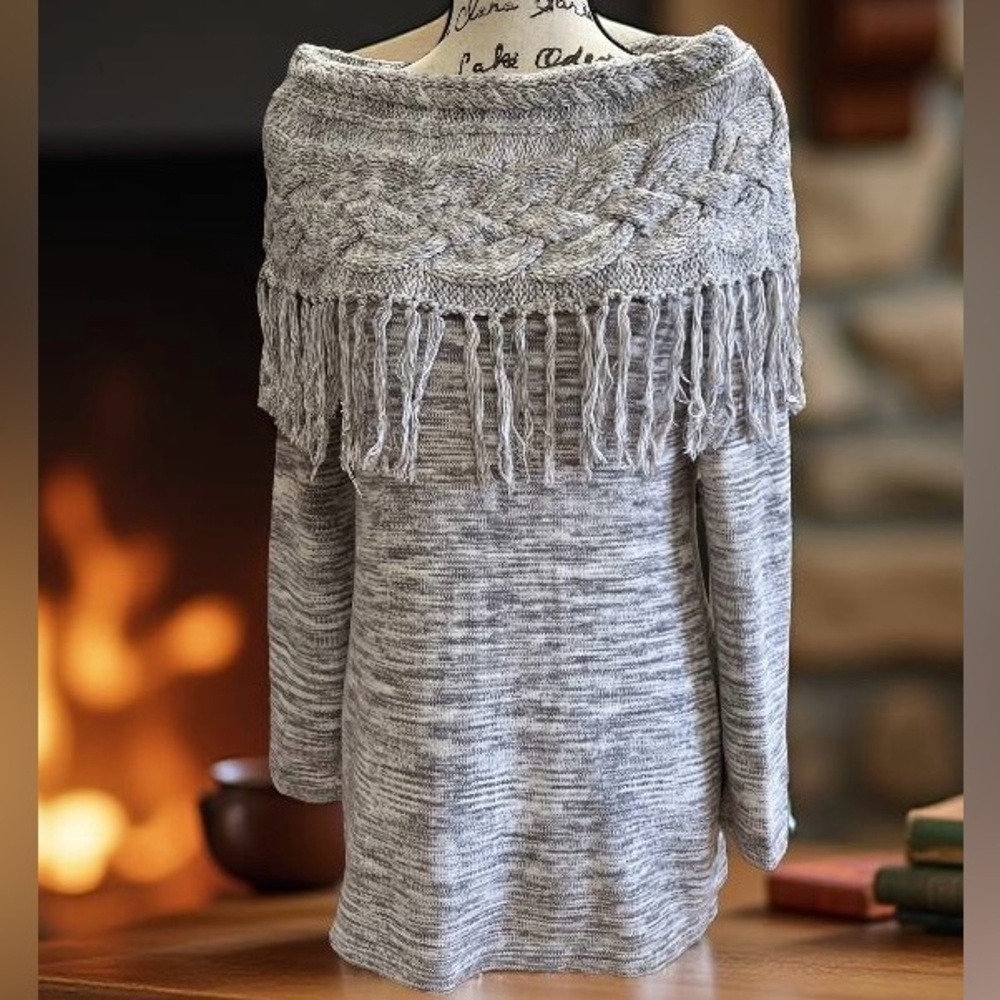 INC International Concepts Women’s Gray & White Cable Knit Fringe Sweater Size L